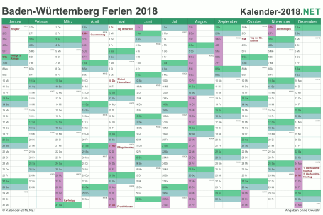 Vorschau EXCEL-Kalender 2018 mit den Ferien Baden-Württemberg