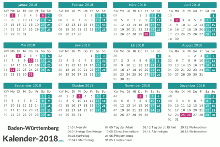 Baden-Württemberg Kalender 2018 + Feiertage Vorschau