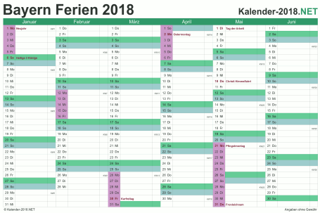 Vorschau EXCEL-Halbjahreskalender 2018 mit den Ferien Bayern