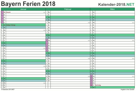 Vorschau EXCEL-Quartalskalender 2018 mit den Ferien Bayern
