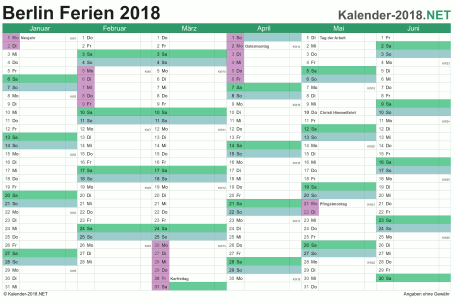 Halbjahreskalender mit Ferien Berlin 2018 Vorschau