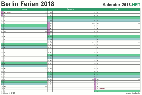 Vorschau EXCEL-Quartalskalender 2018 mit den Ferien Berlin