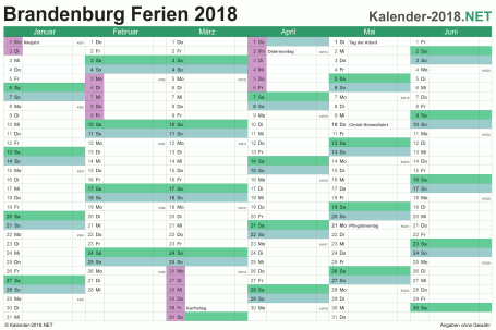 Halbjahreskalender mit Ferien Brandenburg 2018 Vorschau