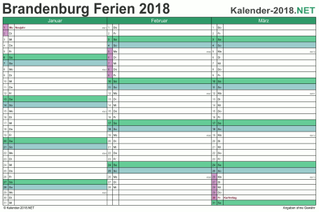 Quartalskalender mit Ferien Brandenburg 2018 Vorschau
