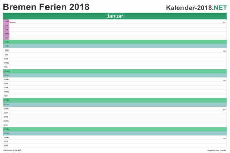 Vorschau EXCEL-Monatskalender 2018 mit den Ferien Bremen