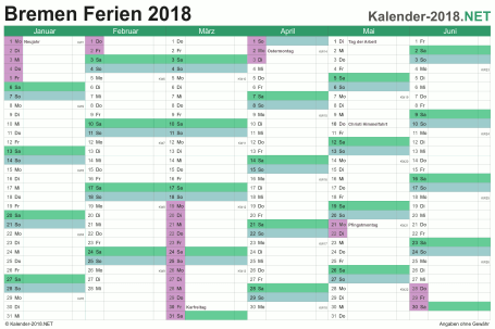 Halbjahreskalender mit Ferien Bremen 2018 Vorschau