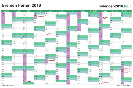 Vorschau EXCEL-Kalender 2018 mit den Ferien Bremen