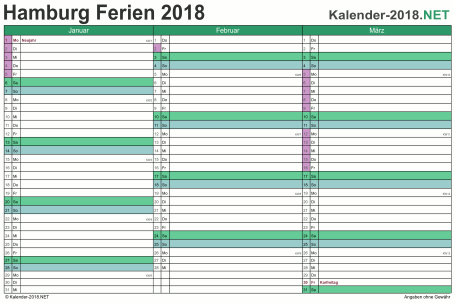 Quartalskalender mit Ferien Hamburg 2018 Vorschau