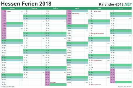 Vorschau EXCEL-Halbjahreskalender 2018 mit den Ferien Hessen