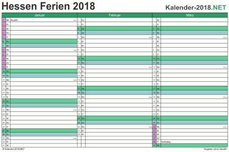 Vorschau EXCEL-Quartalskalender 2018 mit den Ferien Hessen