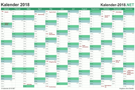 Vorschau Kalender 2018 für EXCEL mit Feiertagen Deutschland