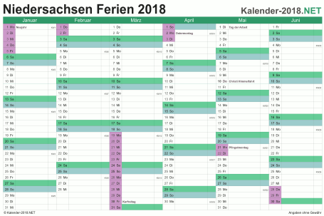 Halbjahreskalender mit Ferien Niedersachsen 2018 Vorschau