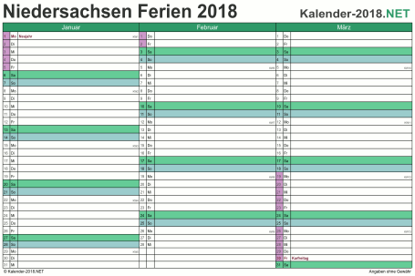 Vorschau EXCEL-Quartalskalender 2018 mit den Ferien Niedersachsen