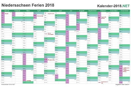 Kalender mit Ferien Niedersachsen 2018 Vorschau