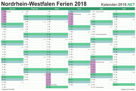 Vorschau EXCEL-Halbjahreskalender 2018 mit den Ferien Nordrhein-Westfalen