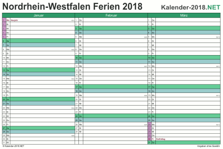 Vorschau EXCEL-Quartalskalender 2018 mit den Ferien Nordrhein-Westfalen