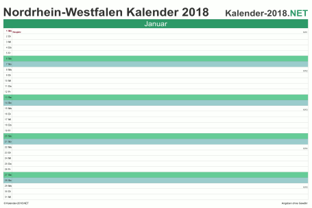 Vorschau Monatskalender 2018 für EXCEL Nordrhein-Westfalen