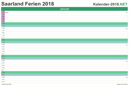 Monatskalender mit Ferien Saarland 2018 Vorschau