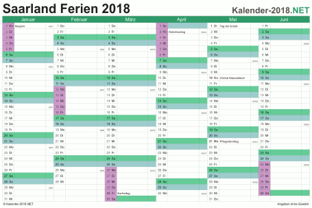 Halbjahreskalender mit Ferien Saarland 2018 Vorschau