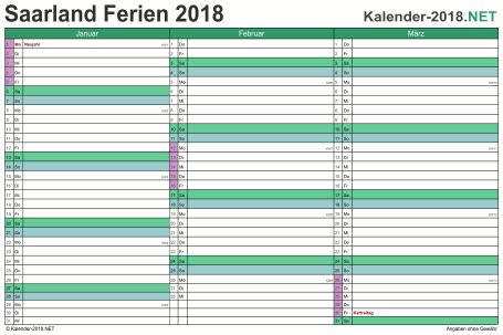 Vorschau EXCEL-Quartalskalender 2018 mit den Ferien Saarland