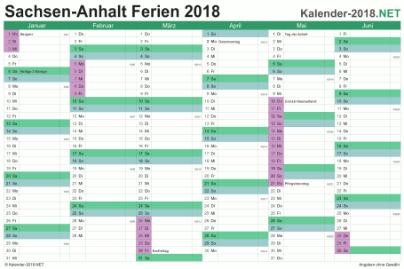 Vorschau EXCEL-Halbjahreskalender 2018 mit den Ferien Sachsen-Anhalt