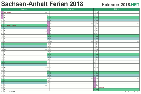 Vorschau EXCEL-Quartalskalender 2018 mit den Ferien Sachsen-Anhalt