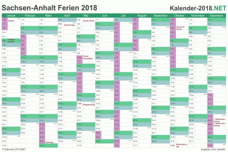 Kalender mit Ferien Sachsen-Anhalt 2018 Vorschau