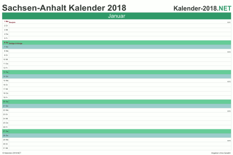 Vorschau Monatskalender 2018 für EXCEL Sachsen-Anhalt
