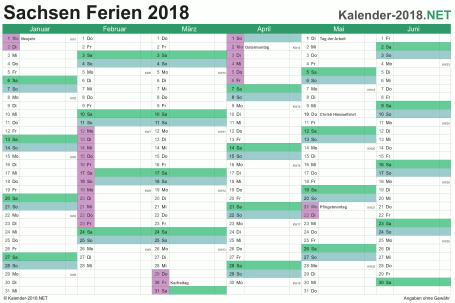 Halbjahreskalender mit Ferien Sachsen 2018 Vorschau