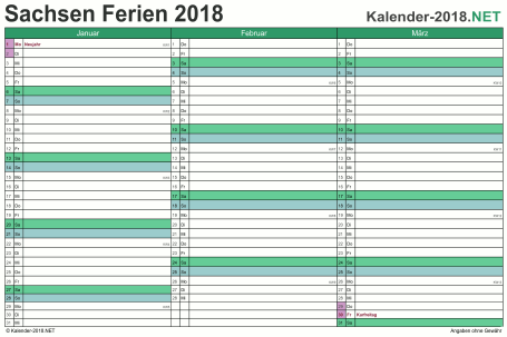 Quartalskalender mit Ferien Sachsen 2018 Vorschau