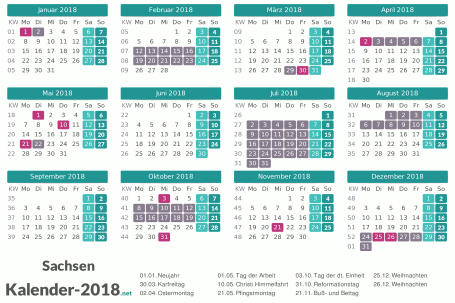 Kalender mit Ferien Sachsen 2018 Vorschau