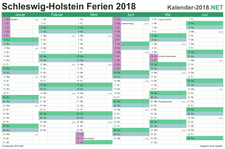 Vorschau EXCEL-Halbjahreskalender 2018 mit den Ferien Schleswig-Holstein