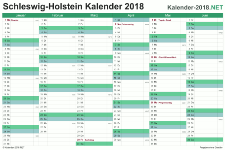 Vorschau Halbjahreskalender 2018 für EXCEL Schleswig-Holstein