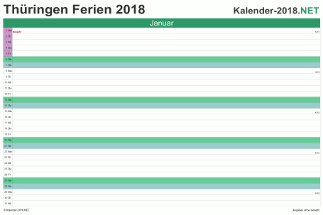 Monatskalender mit Ferien Thüringen 2018 Vorschau