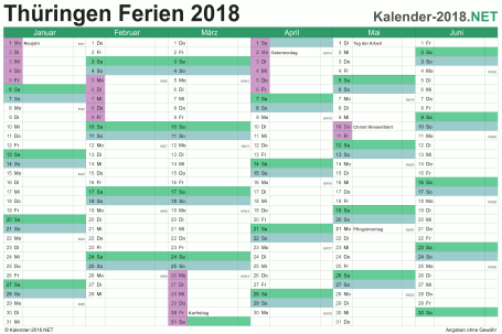 Halbjahreskalender mit Ferien Thüringen 2018 Vorschau