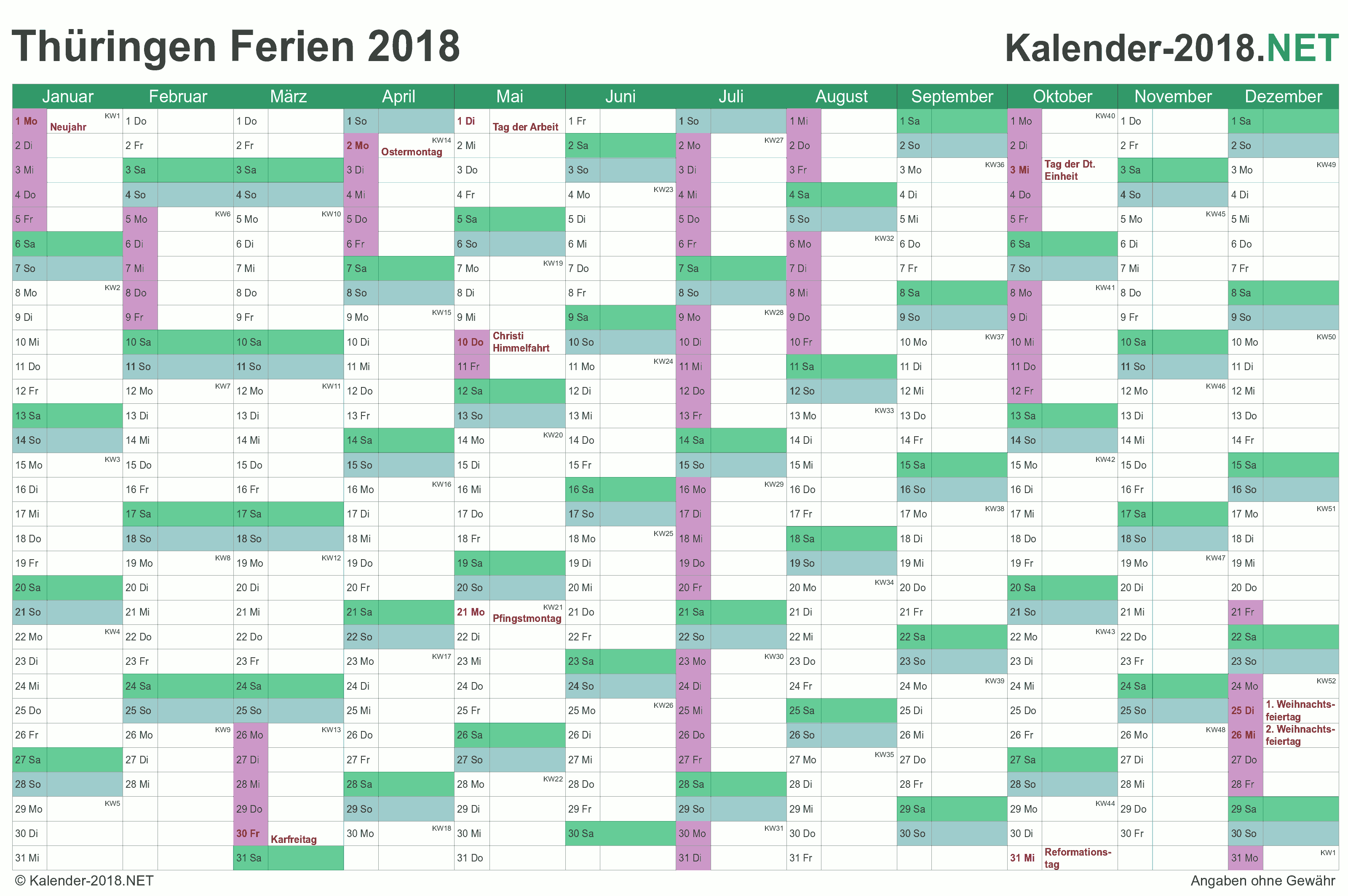Ferien Thuringen 2018 Ferienkalender Ubersicht